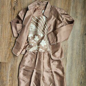 Papell Petites 3pc Suit Set 100% Silk Brown Floral Blazer Shell Trousers 4P VTG